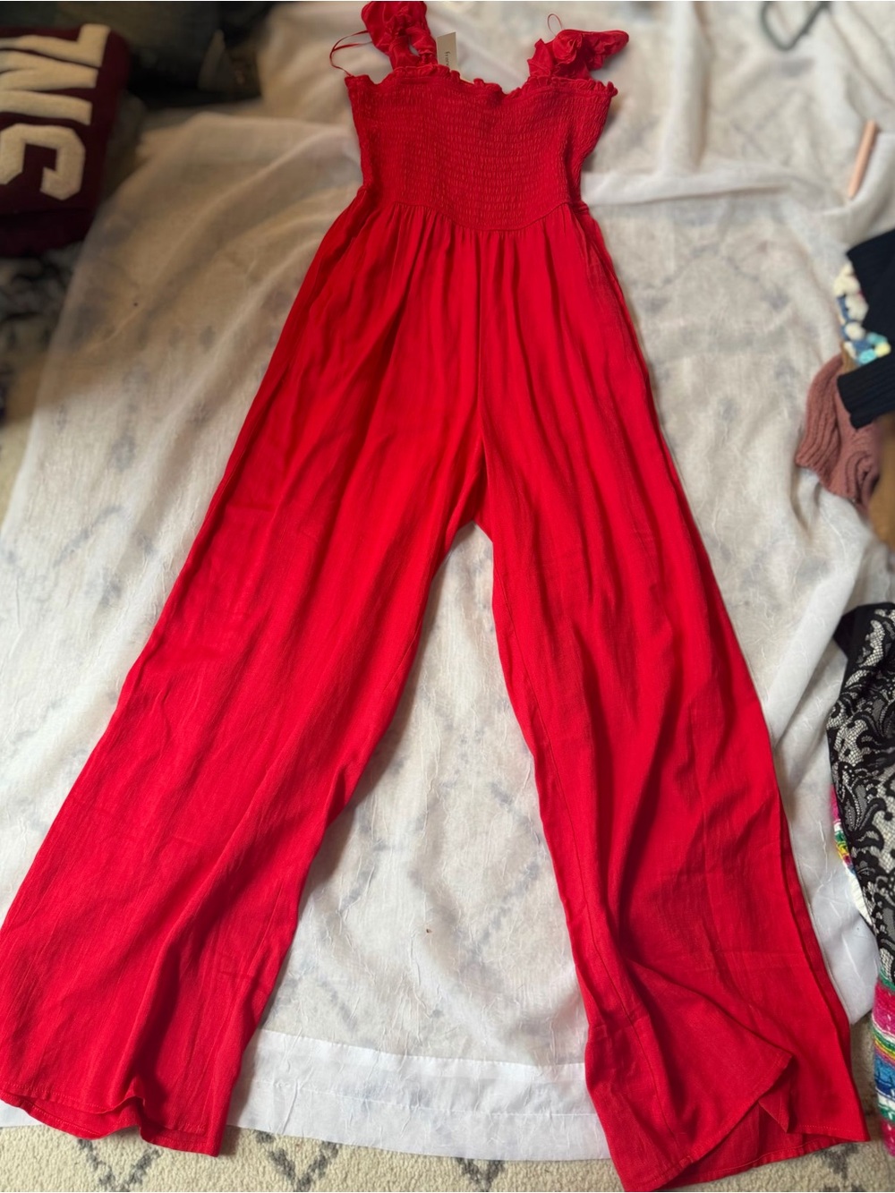 Francesca's Collections Red Smocked Wide-Leg Jumpsuit with Ruffle Straps